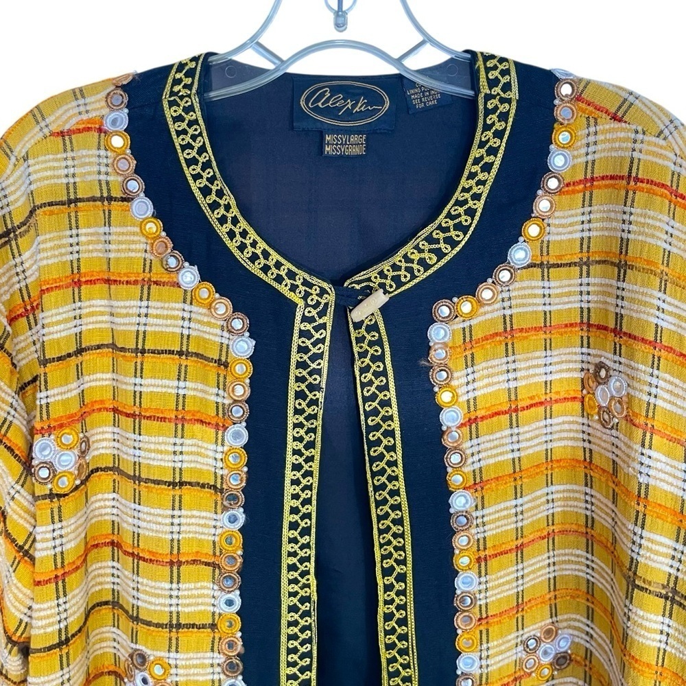 Alex Kim Vtg. Embellished Plaid Open Front Jacket Yellow, Black, Beaded Missy L - Picture 5 of 13